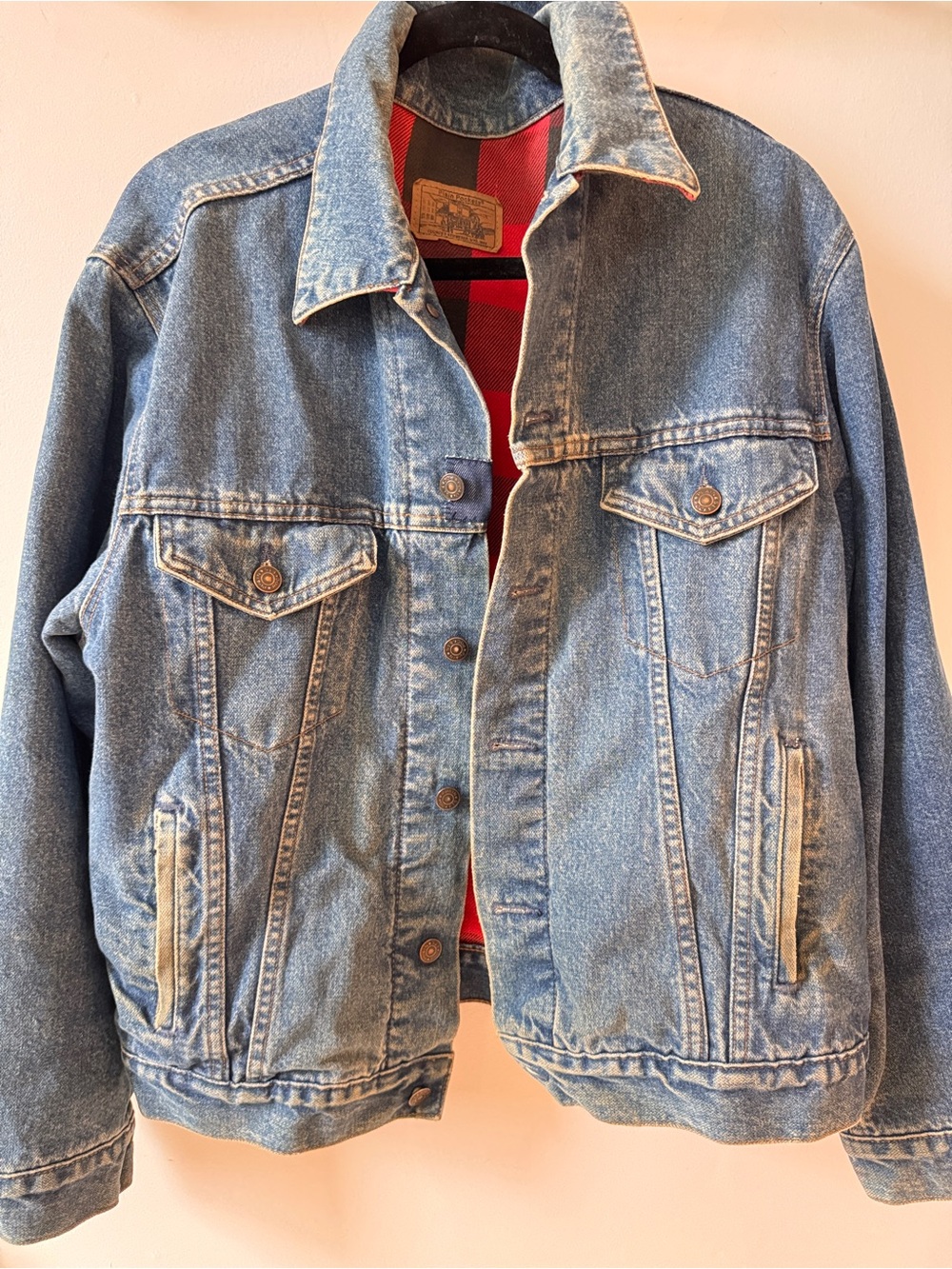 Vtg 80s JCPenney Plain Pockets Flannel Lined Denim Trucker Jacket Buffalo Plaid